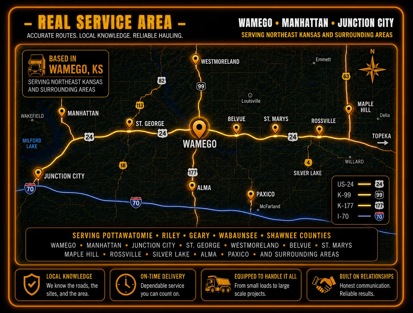 Map showing Prince & Long Trucking service areas around Wamego, Manhattan and Junction City, Kansas